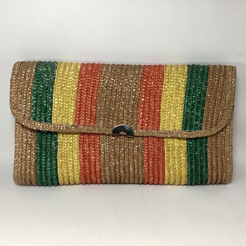 Vtg Woven Straw Handbag Clutch Summer Bag Purse Beige  Color Stripes Hong Kong